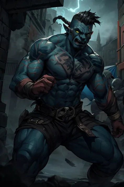 1boy, A male orc brawler that is ready to rumble (Undercut), thick body with blue--tribal-tattoos, a gothic town shrouded in fog background, cinematic, best quality, detailed background, depth of field, intricate details, dynamic pose, dynamic angle, sharp focus, soft lighting, vibrant colors, cinematic photography, <lora:PathfinderKM:0.5> Pathfinder <lora:RPGOrc:0.351>, (Role-playing game (RPG) style fantasy :1.3), Fantasy, epic, heroic, character-focused, RPG style fantasy
