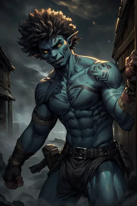 1boy, A male orc brawler that is ready to rumble (Short Afro), thick body with blue--tribal-tattoos, a gothic town shrouded in fog background, cinematic, best quality, detailed background, depth of field, intricate details, dynamic pose, dynamic angle, sharp focus, soft lighting, vibrant colors, cinematic photography, <lora:PathfinderKM:0.5> Pathfinder <lora:RPGOrc:0.351>, (Role-playing game (RPG) style fantasy :1.3), Fantasy, epic, heroic, character-focused, RPG style fantasy