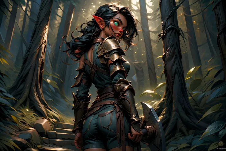 (best quality, masterpiece:1.2), photorealistic, ultra high res, front lighting, intricate detail, Exquisite details and textures, absurdres, cinematic lighting, dynamic angle, cinematic pose,
(detailed eyes:1.3), (beautiful detailed eyes), (beautifully detailed face), (detailed lips:1), (detailed skin:1),
orc camp,
(cute, petite, smooth thigh, pale green skin, braided black hair, small breasts, glistening skin, blushing), detailed leather armor, belted, unbuttoned, exposed shoulder, tusks, angry expression, growling, axe, from behind, wedgie,
slg, forest, path,
<lora:RPGOrc:0.7> <lora:slg_v11:0.6>