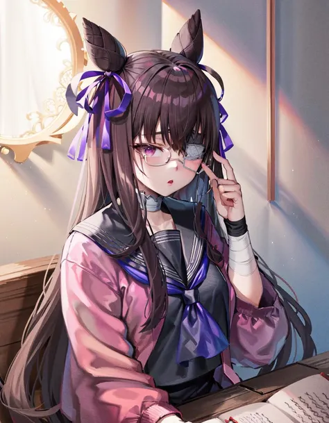 (masterpiece, best quality, high resolution), 1girl, solo, glasses,
Rider2, JK Uniform, glasses, pink jacket, eyepatch, bandage,
<lora:FGOMurasaki:0.8>,