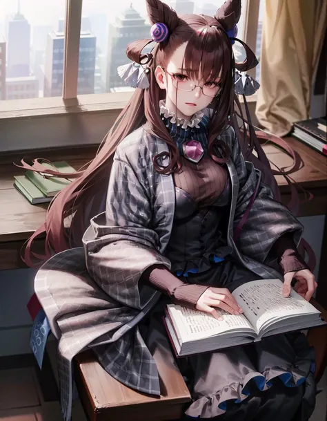 (masterpiece, best quality, high resolution), 1girl, solo, glasses,
Caster2, Plaid pattern coat, black and white coat, sitting, table, books,
<lora:FGOMurasaki:0.8>,