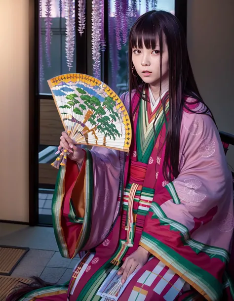(masterpiece, best quality, high resolution), ((cowboy shot))
Caster3, junihitoe kimono, 1girl, hand fan, solo, wisteria, looking at viewer, holding, flower, sitting, folding fan, holding fan, pink kimono, sliding doors, sash, indoors, blunt bangs, floral print,
<lora:FGOMurasaki:0.9>,