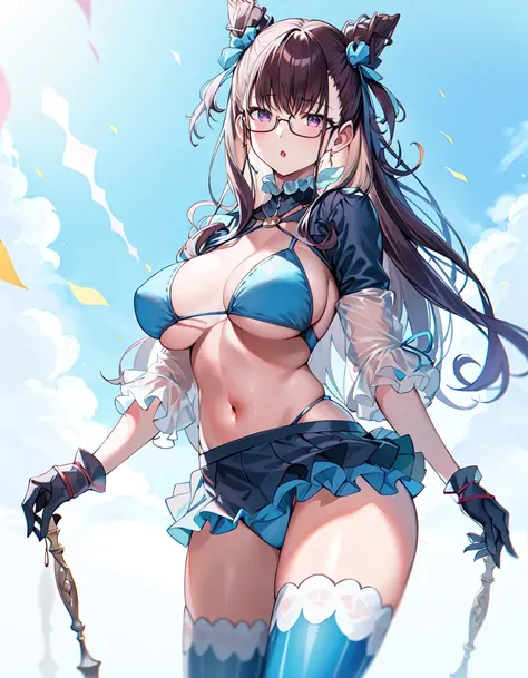 (masterpiece, best quality, high resolution), 1girl, solo, glasses, ((cowboy shot)),
Rider3, aqua bikini, striped_thigh-highs, gloves, skirt, white sleeves,
<lora:FGOMurasaki:0.7>,