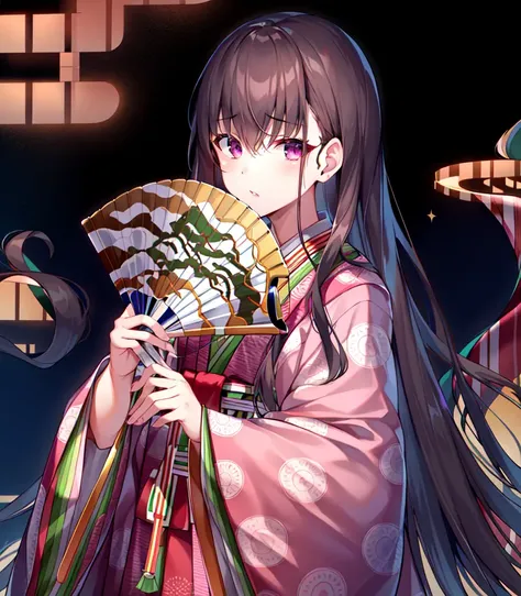 (masterpiece, best quality, high resolution), 1girl, solo,
Caster3, junihitoe kimono, 1girl, solo, hand fan, egasumi, looking at viewer, folding fan, holding, holding fan, pink kimono, floral print, sleeves past wrists, covering mouth, hime cut, straight hair,
<lora:FGOMurasaki:0.8>,