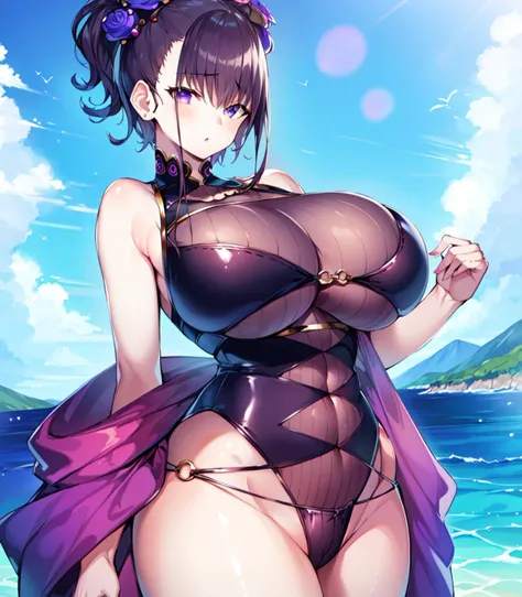 (masterpiece, best quality, high resolution), 1girl, solo,
Rider1, Murasaki Swimsuit, short hair, sea, huge breasts, shawl,
<lora:FGOMurasaki:0.8>,