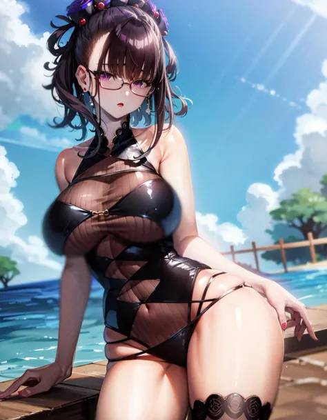 (masterpiece, best quality, high resolution), 1girl, solo, glasses,
Rider1, Murasaki Swimsuit, single thighhigh, short hair,
<lora:FGOMurasaki:0.8>,
