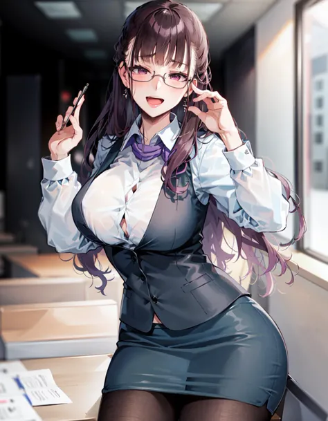 (masterpiece, best quality, high resolution), 1girl, solo,
GoodJob, Murasaki Office Lady, 1girl, solo, glasses, open mouth, button gap, blush, looking at viewer, underwear, smile, pencil skirt, adjusting eyewear, panties, thighs,
<lora:FGOMurasaki:0.7>,