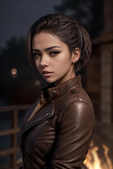 realistic, masterpiece, professional portrait, face frame zoom, f/1.8, SALLY, pretty face, skin detail, fully clothed, (leather jacket:1.2), looking away, sad, night time, fall time, fire, fog, smoke, distant lights, night, (SFW:1.3), <lora:MIOAG1ARS:1>