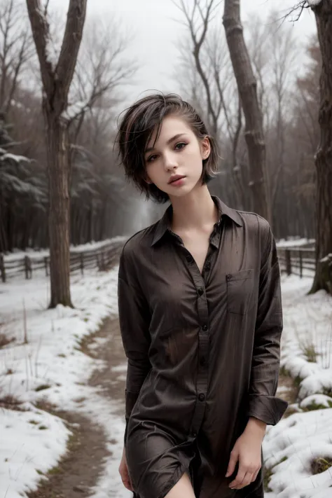 (face frame:1.2), portrait photo of a TERI, black short hair, pale skin, freckles, ( long shirt:1.2), innocent, winter forest, fog, snow in the air, snowy, <lora:picxer_real:0.6>, <lora:MIOAG1A:1>