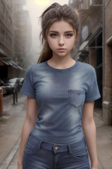 realistic, masterpiece, professional photo, f/1.8, Callie, pretty face, skin detail, fully clothed, (t-shirt and jeans:1.2), looking at viewer, standing in the alley, fog, smoke, distant lights, night, (SFW:1.3), <lora:MIOAG1ARS:1>