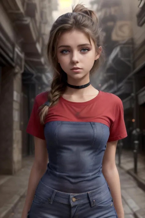 realistic, masterpiece, professional photo, f/1.8, Callie, pretty face, skin detail, fully clothed, (red t-shirt and jeans:1.2), looking away, sad, night time, dark alley, fog, smoke, distant lights, night, (SFW:1.3), <lora:MIOAG1ARS:1>