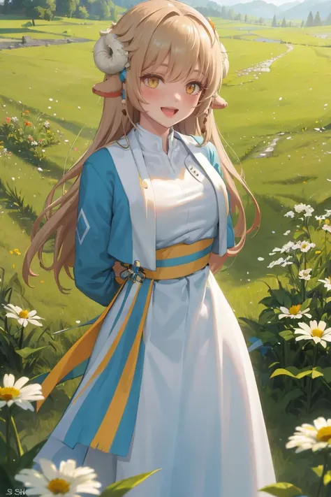 masterpiece, best quality, absurdres, NSLaraMaplestoryBase, dress, sash, jacket, arms behind back, smile, :d, blush, outdoors, grass, field, flowers, sunshine, <lora:NSLaraMaplestory:1>