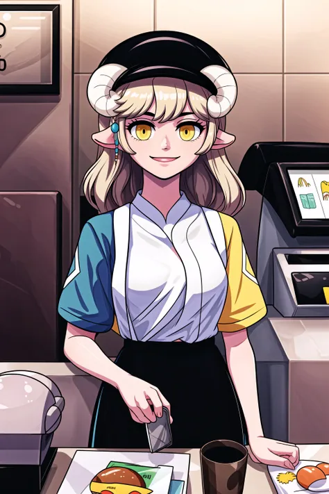 masterpiece, best quality, <lora:LCM_LoRA_Weights_SD15:1>, NSLaraMaplestory <lora:NSLaraMaplestory:1>, blonde hair, long hair, yellow eyes, fast food uniform, hat, mdonalds <lora:mcdonalds:0.7>, earpiece, (shirt:1.2), (pants:0.7), cashier, facing viewer, looking at viewer, light smile, counter, cash register, fast food, holding tray, restaurant, mcdonald's