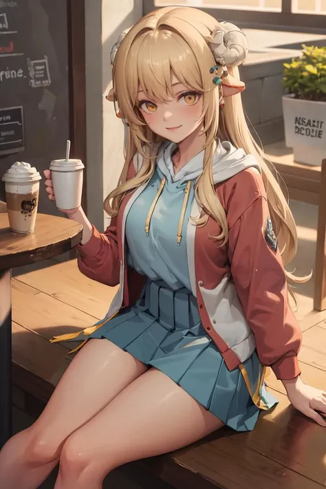 masterpiece, best quality, absurdres, NSLaraMaplestory, blonde hair, sitting, coffee shop, hoodie, pleated skirt, smile, <lora:NSLaraMaplestory:0.9>
