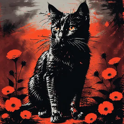 impactful paint of a cat in a garden <lora:Red_Grunge:0.8>, highly detailed, 8k, sharp, professional, clear, high contrast, high saturated, , vivid deep blacks, crystal clear