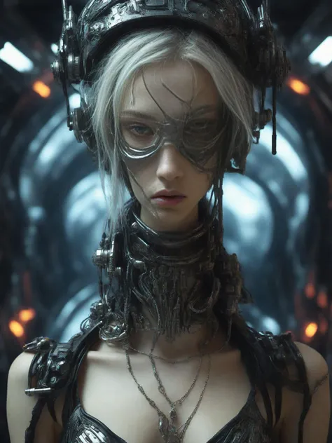 one girl  cyberpunk wear cheeks . Extraterrestrial, cosmic, otherworldly, mysterious, sci-fi, highly detailed