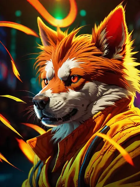 Street Fighter style dog, cyberpunk wear cheeks . Vibrant, dynamic, arcade, 2D fighting game, highly detailed, reminiscent of Street Fighter series