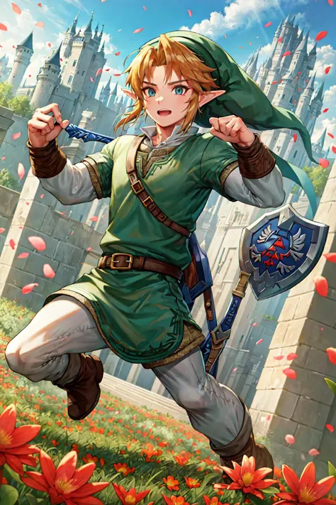 masterpiece, best_quality, 1man, masculine, solo, link, the legend of zelda, tunic, hat,, <lora:Link_Zelda:0.7>, flower field, castle, <lora:torinoAquaStyleLora_offset:0.7>