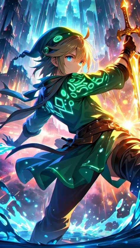 (original:1.3),masterpiece, best quality, dynamic angle, highest detailed, fashion photograph, adult,(ultrahigh resolution textures),(in dynamic pose),bokeh, (intricate details, hyperdetailed:1.15),detailed, light passing through hair,
1boy, masculine, solo, link, the legend of zelda, green tunic, hat, master sword, holding sword, hyrule warriors, hyrule castle,
<lora:link_v1:1.2>, (<lora:add-detail-xl:0.6>), <lora:CyberLight:0.5>, lens flare, random color, The body is made of fluorescent colloids, (liquid background, Sputtered water),<lora:glowneon_xl_v1:0.8>, (multicolored background), (HDR, 4k, wallpaper ,artbook, high resolution, best quality:1.4, breathtaking, ultra detailed, huge filesize, incredibly absurdres)