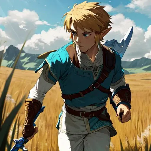 masterpiece, best quality, 1boy, solo,  link, the legend of zelda, blue tunic,  white pants, blonde hair, pointy ears, holding sword, master sword, running, outdoors, field, highly detailed, botw style, intricate,<lora:linkGreenTunicVer_linkV1:0.6>,  <lora:botwdiffusionLora300_lora300:0.85>