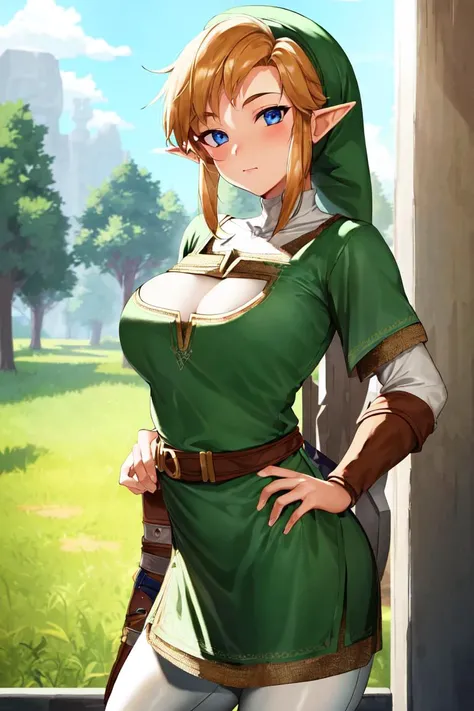 masterpiece, best_quality, 1girl, solo, link, the legend of zelda, tunic, hat, large breasts,