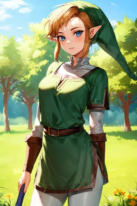 masterpiece, best_quality, 1girl, solo, link, the legend of zelda, tunic, hat, breasts,