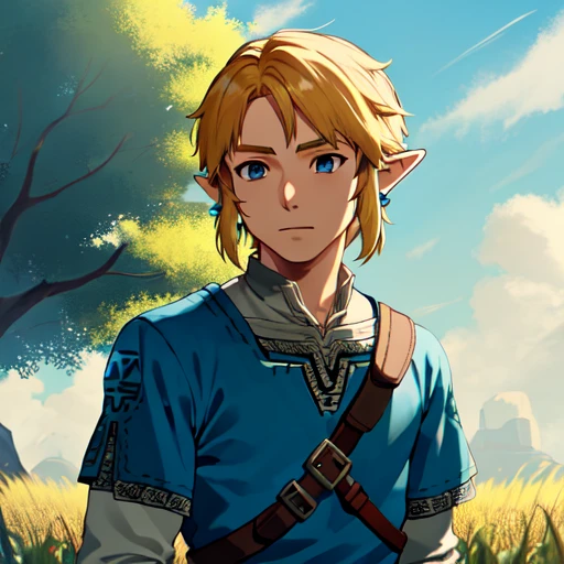 masterpiece, best quality, 1boy, solo, upper body link, the legend of zelda, blue tunic, blonde hair, pointy ears, outdoors, field, highly detailed, botw style, intricate,<lora:linkGreenTunicVer_linkV1:0.6>, <lora:botwdiffusionLora300_lora300:0.85>