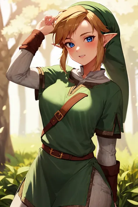 masterpiece, best_quality, 1girl, solo, link, the legend of zelda, tunic, hat, breasts,
