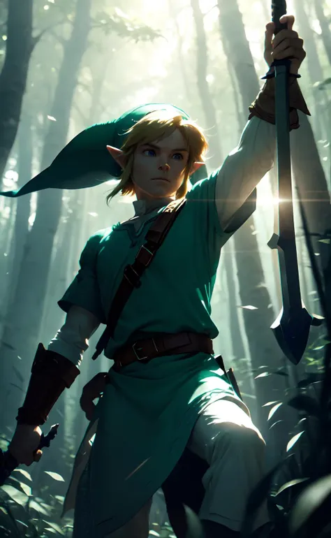 (cinematic, volumetric lighting, cowboy shot)
<lora:link_v1:0.8>, link, the legend of zelda, tunic, hat, sword, forest
