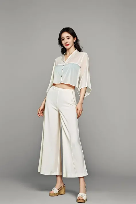 (masterpiece,best quality,ultra high res:1.2),(photo-realistic:1.3),1girl,solo,(beautiful face,exquisite face,skin texture:1.2),(wet skin:1),clothing,looking at viewer,light_smile,(full_body:1.2),
yangmi,1girl,<lora:ym_2_-000001:1>,(Flowy_blouse:1.5),(Wide-leg_pants:1.4),(Espadrille_wedges:1.3),black-framed_eyewear,