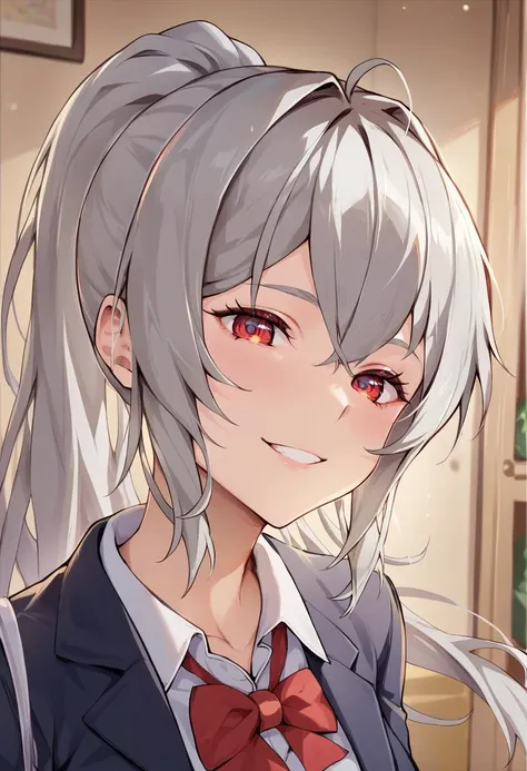 score_9, score_8_up, score_7_up, source_anime, 1girl,red eyes,smile, room, wariza, ponytail,grey hair, portrait, blazer,  by houkisei <lora:Houkisei-Style-PonyXL-test-000034:1>