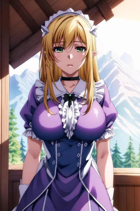 (day), in front of a mountain range with a wooden cabin in the background,blue_sky,
Standing at attention,
purple dress,frills,puffy short sleeves,hair bow,maid headdress, Maid,purple skirt,frills, gloves,thighhighs,
<lora:Efil_Black_Summoner-KK77-V2:0.7>,<lora:more_details:0.3>,<lora:Mariana_Luciano_NON_VIRGIN-KK77-V1:0.2>,elf,pointy ears,choker,
green eyes,bangs, blonde hair,hair between eyes, long hair,
1 girl, 20yo,Young female,Beautiful Finger,Beautiful long legs,Beautiful body,Beautiful Nose,Beautiful character design, perfect eyes, perfect face,expressive eyes,
looking at viewer, (Upper_body),(Focus on her face),(Light_smile:0.5),Happy,
official art,extremely detailed CG unity 8k wallpaper, perfect lighting,Colorful, Bright_Front_face_Lighting,shiny skin,
(masterpiece:1.0),(best_quality:1.0), ultra high res,4K,ultra-detailed,
photography, 8K, HDR, highres, absurdres:1.2, Kodak portra 400, film grain, blurry background, bokeh:1.2, lens flare, (vibrant_color:1.2)
(Beautiful,Large_Breasts:1.4), (beautiful_face:1.5),(narrow_waist),