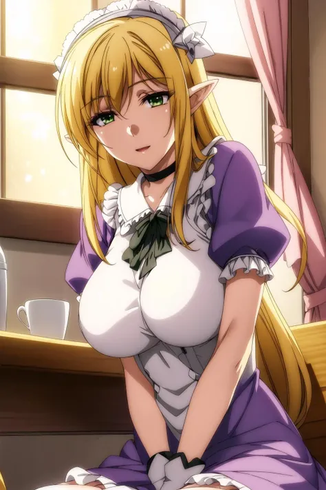 (Night:1.7), a chair and a table in a room with a window and curtains on the windowsills and a table with a lamp on it, blurry, curtains, indoors, window,full moon,
Standing at attention,
purple dress,frills,puffy short sleeves,hair bow,maid headdress, Maid,purple skirt,frills, gloves,thighhighs,
<lora:Efil_Black_Summoner-KK77-V2:0.7>,<lora:more_details:0.2>,<lora:Mariana_Luciano_NON_VIRGIN-KK77-V1:0.3>,elf,pointy ears,choker,
green eyes,bangs, blonde hair,hair between eyes, long hair,
1 girl, 20yo,Young female,Beautiful Finger,Beautiful long legs,Beautiful body,Beautiful Nose,Beautiful character design, perfect eyes, perfect face,expressive eyes,
looking at viewer, (Upper_body),(Focus on her face),(Light_smile:0.5),Happy,
official art,extremely detailed CG unity 8k wallpaper, perfect lighting,Colorful, Bright_Front_face_Lighting,shiny skin,
(masterpiece:1.0),(best_quality:1.0), ultra high res,4K,ultra-detailed,
photography, 8K, HDR, highres, absurdres:1.2, Kodak portra 400, film grain, blurry background, bokeh:1.2, lens flare, (vibrant_color:1.2)
(Beautiful,Large_Breasts:1.4), (beautiful_face:1.5),(narrow_waist),