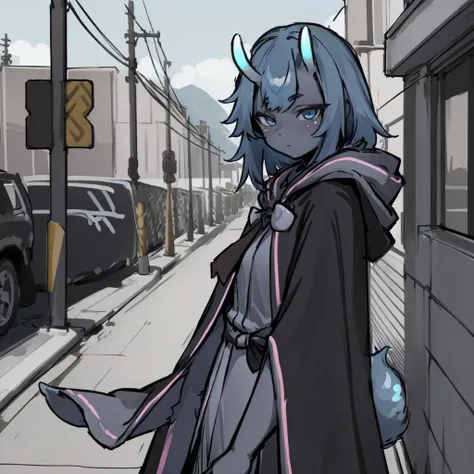 masterpiece, best quality, moyotca_bodysuit, moyotca_gun, moyotca_cloak, 1girl, grey skin, oni horns, blue hair, solo, tail, outdoors, <lora:moyo_v1:0.8>, sitting, <lora:moyotcav1.2-000003:0.8>