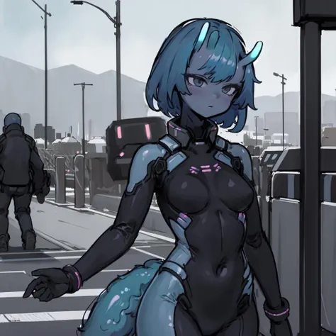 masterpiece, best quality, moyotca_bodysuit, 1girl, grey skin, oni horns, blue hair, solo, tail, outdoors, <lora:moyo_v1:0.8>, <lora:moyotcav1.2-000003:0.8>