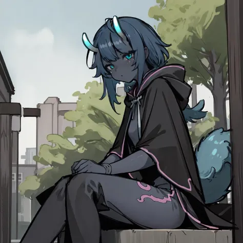 masterpiece, best quality, moyotca_cloak, 1girl, grey skin, oni horns, blue hair, solo, tail, outdoors, <lora:moyo_v1:0.8>, sitting, <lora:moyotcav1.2-000003:0.8>