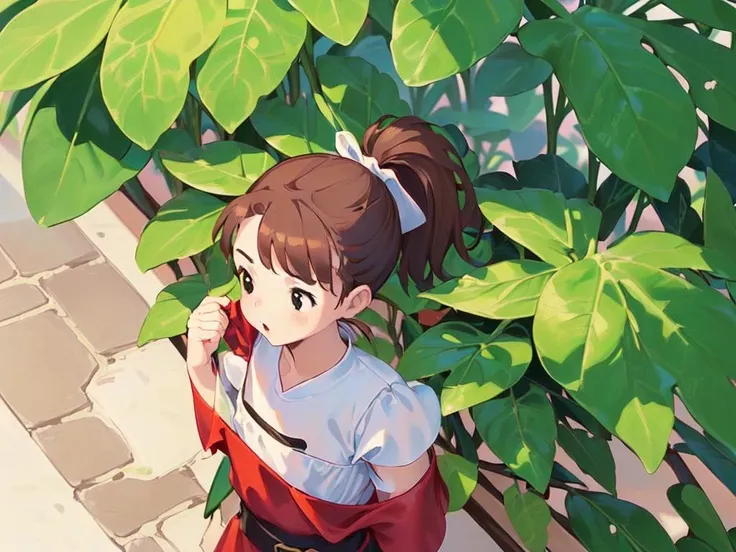 <lora:arrietty_ghibli:1> ((((((exorbitantly insanely tiny minigirl, beautiful illustrated)))))) (((arrietty, big metal bow, brown hair, high ponytail, ponytail, red dress, shirt, black eyes, shirt, ponytail, short sleeves))) pov (((standing on a leaf between flowers)))