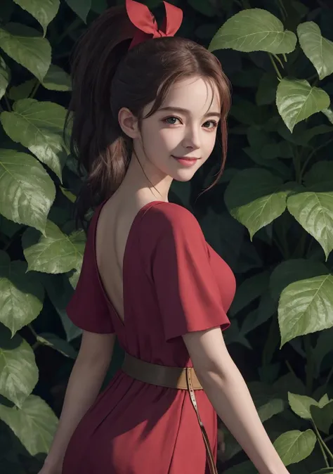 masterpiece, highres, 8k, best quality, , perfect lighting, cinematic lighting, anime, <lora:arrietty_ghibli:1.1>, 1girl, (arrietty:1.2), solo, :), smile, big metal bow, looking at viewer, brown hair, (leaf:1.1), ivy, tall, high ponytail, ponytail, red long dress, black eyes, minigirl, ponytail, (RSEEmma:0.3), <lora:RSERomantic_RSESofiko_RSEEmma-v1:0.2>