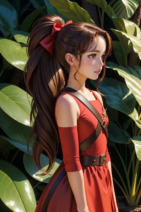 professional full body shot photo of arrietty, brown hair, tall, high ponytail, ponytail, big metal bow, red dress, black eyes, minigirl,
detailed skin, detailed eyes, finely detailed hair,
volumetric light, highrez, masterpiece, best quality,
outside, (huge leaves:1.25),
<lora:arrietty_ghibli:0.8:MIDD>