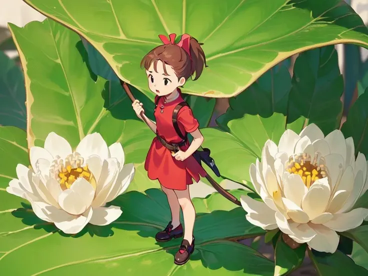 <lora:arrietty_ghibli:1> ((((((exorbitantly insanely tiny minigirl, beautiful illustrated)))))) (((arrietty, big metal bow, brown hair, high ponytail, ponytail, red dress, shirt, black eyes, shirt, ponytail, short sleeves))) pov (((standing on a leaf between flowers)))