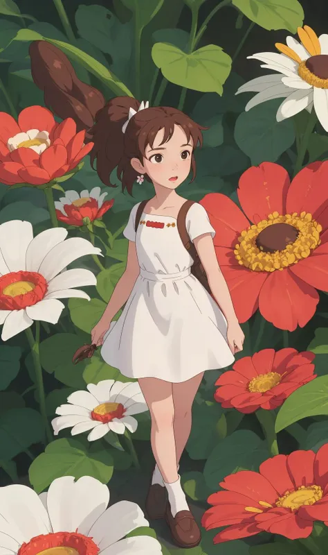 (masterpiece, best quality, high quality, highres, ultra-detailed),arrietty, <lora:arrietty_ghibli:1>,brown hair,white dress,ponytail, brown hair, black eyes, minigirl,big flowers,full body