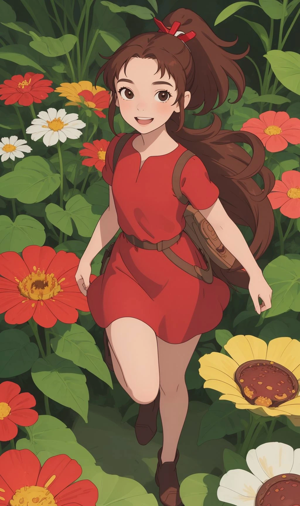 (masterpiece, best quality, high quality, highres, ultra-detailed),arrietty, <lora:arrietty_ghibli:1>,brown hair,red dress,ponytail, brown hair, black eyes, minigirl,big flowers,full body,looking at viewer, light smile,