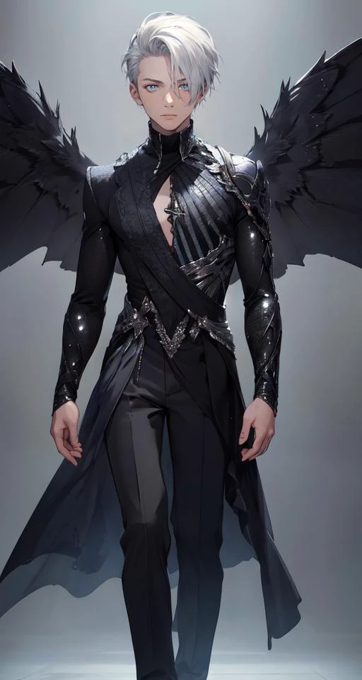 realistic, (best quality, masterpiece:1.3),(1boy:1.5),solo,full body,
silver hair, bright pupils, short hair, hair slicked back, expressionless,
wings,Haute_Couturev <lora:Haute_Couturev2:0.7>
grey background,