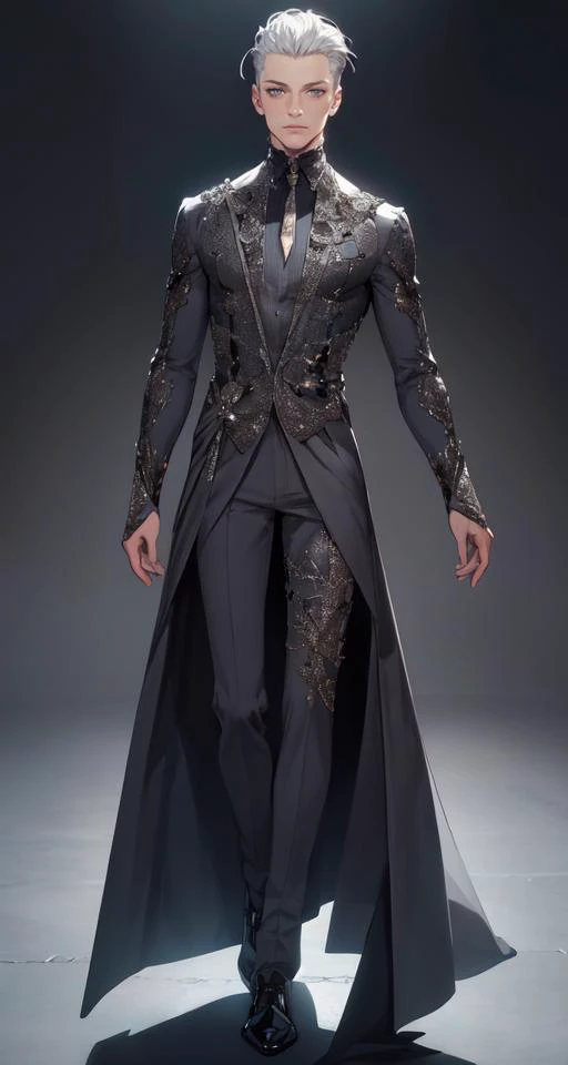 realistic, (best quality, masterpiece:1.3),1boy,solo,full body,
silver hair, bright pupils, short hair, hair slicked back,
grey background, Haute_Couturev <lora:Haute_Couturev2:0.7>