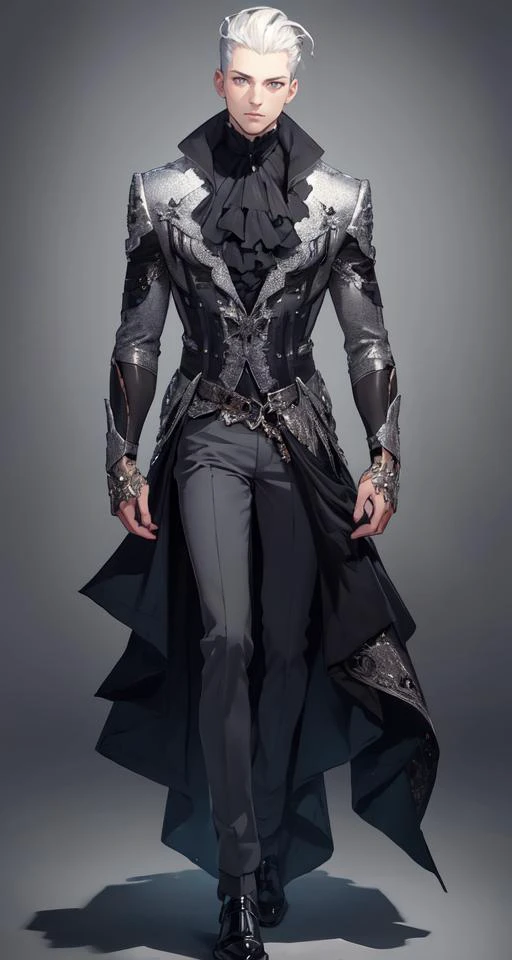 realistic, (best quality, masterpiece:1.3),1boy,solo,full body,
silver hair, bright pupils, short hair, hair slicked back,
grey background, Haute_Couturev <lora:Haute_Couturev2:0.7>