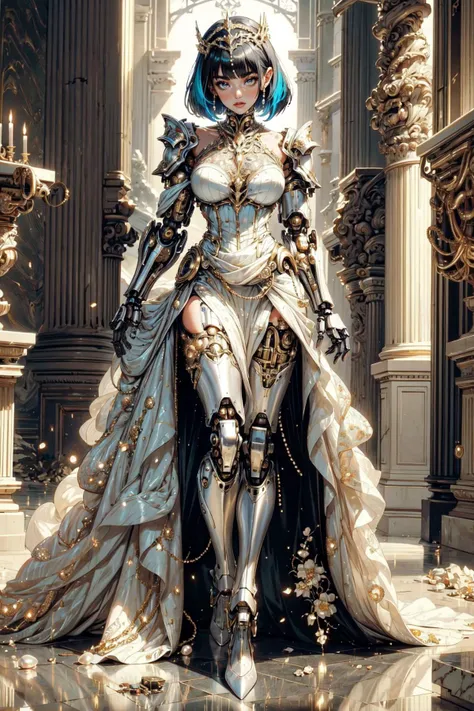 (masterpiece, best quality, detailed, intricate, vibrant colors, pearlescent), ivory and golden themed, victorian, (solo), full body, dynamic pose, pinup girl, (cyborg), (mechanical legs, mechanical arms), golden armor, golden headdress, bob cut, blunt bangs, edgHC_dress, Haute_Couture, skirt, (pearlstyle), opulent, luxurious, marble pillars, marble floors, golden accents, <lora:edgHaute_Couture_MINI:0.7> <lora:pearl-style-darquelilly-v2:0.8>