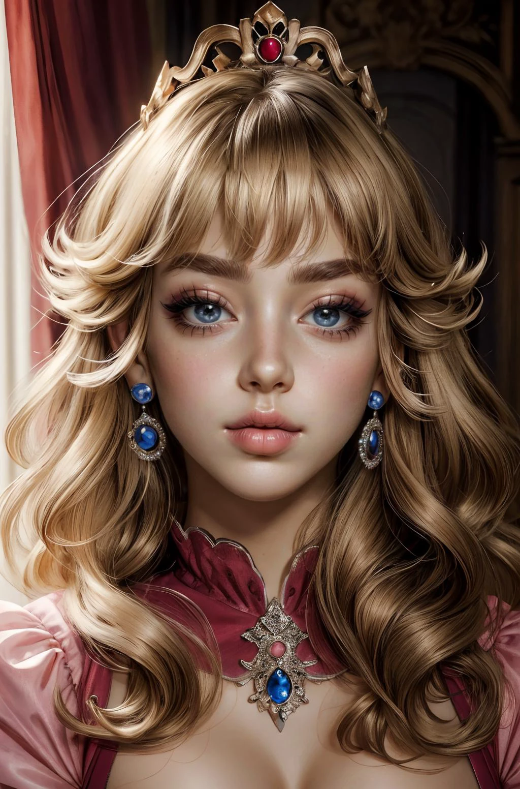 (masterpiece, top quality, best quality, official art, beautiful and aesthetic:1.2), (1girl), extreme detailed, colorful, highest detailed, princess peach, large breasts, elegant dress, tasteful cleavage, parted lips:0.8, burgundy lipstick, blushing, dark makeup, eyelashes, perfect eyes, perfect eyebrows, perfect eyelashes, bedroom eyes, seductive look, pout, (face, closeup portrait:1.3), background:throne room, long finger nails, painted fingernails, touching face<lora:detailed_notrigger:0.5>, <lora:edgHauteCoutureIV:0.4>, <lora:ppeach:0.6>