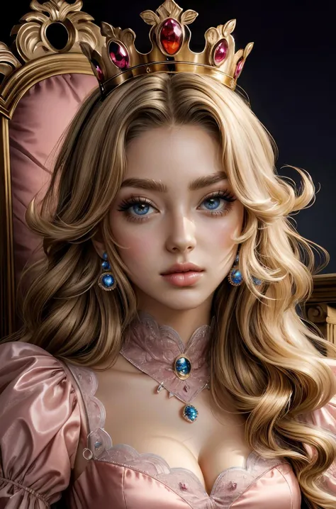 (masterpiece, top quality, best quality, official art, beautiful and aesthetic:1.2), (1girl), extreme detailed, colorful, highest detailed, princess peach, large breasts,  elegant dress, tasteful cleavage, parted lips:0.8, burgundy lipstick, blushing, dark makeup, eyelashes, perfect eyes, perfect eyebrows, perfect eyelashes, bedroom eyes, seductive look, pout, (face, closeup portrait:1.3), background:throne room, long finger nails, painted fingernails, touching face<lora:detailed_notrigger:0.5>,  <lora:edgHauteCoutureIV:0.4>, <lora:ppeach:0.6>