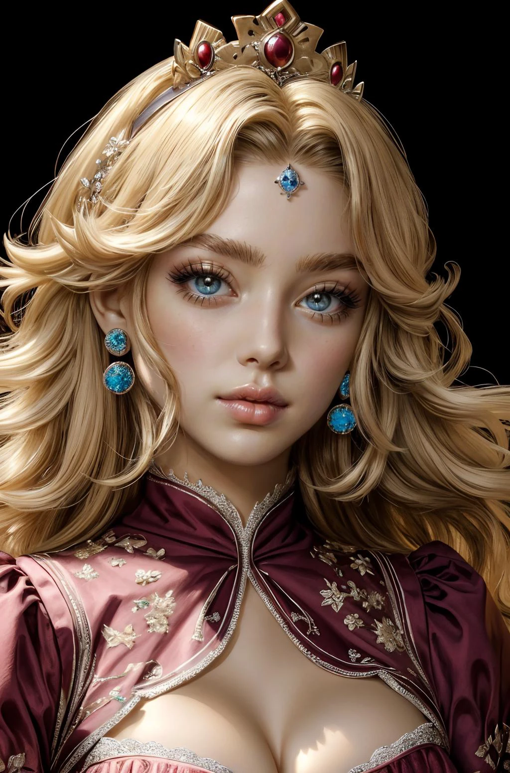 (masterpiece, top quality, best quality, official art, beautiful and aesthetic:1.2), (1girl), extreme detailed, colorful, highest detailed, princess peach, large breasts, elegant dress, tasteful cleavage, parted lips:0.8, burgundy lipstick, blushing, dark makeup, eyelashes, perfect eyes, perfect eyebrows, perfect eyelashes, bedroom eyes, seductive look, pout, (face, closeup portrait:1.3), background:throne room, long finger nails, painted fingernails, touching face<lora:detailed_notrigger:0.5>, <lora:edgHauteCoutureIV:0.4>, <lora:ppeach:0.6>