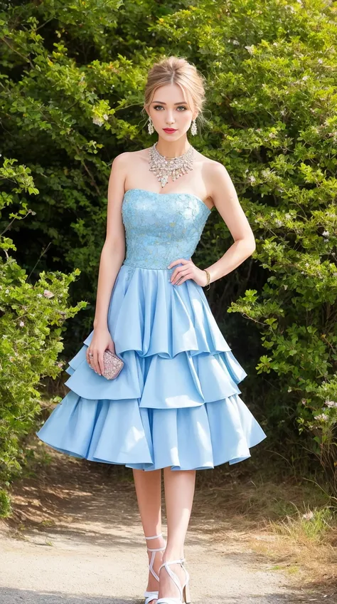 professional modelshoot style photo elegant woman with haute couture design light blue to light yellow gradient color tiered layered mesh A-line midi skirt,realistic, sharp focus, 8k high definition, insanely detailed, intricate, elegant, on summers day, wing eyeliner, eyeliner wings, hyper-realistic, ultra detailed,in the field,mountains,flowers,blonde hair, blue diamond necklace,earrings,green eyes,(full body:1.4),(catwalking:1.2),high heels,<lora:Haute_Couture:0.6>,